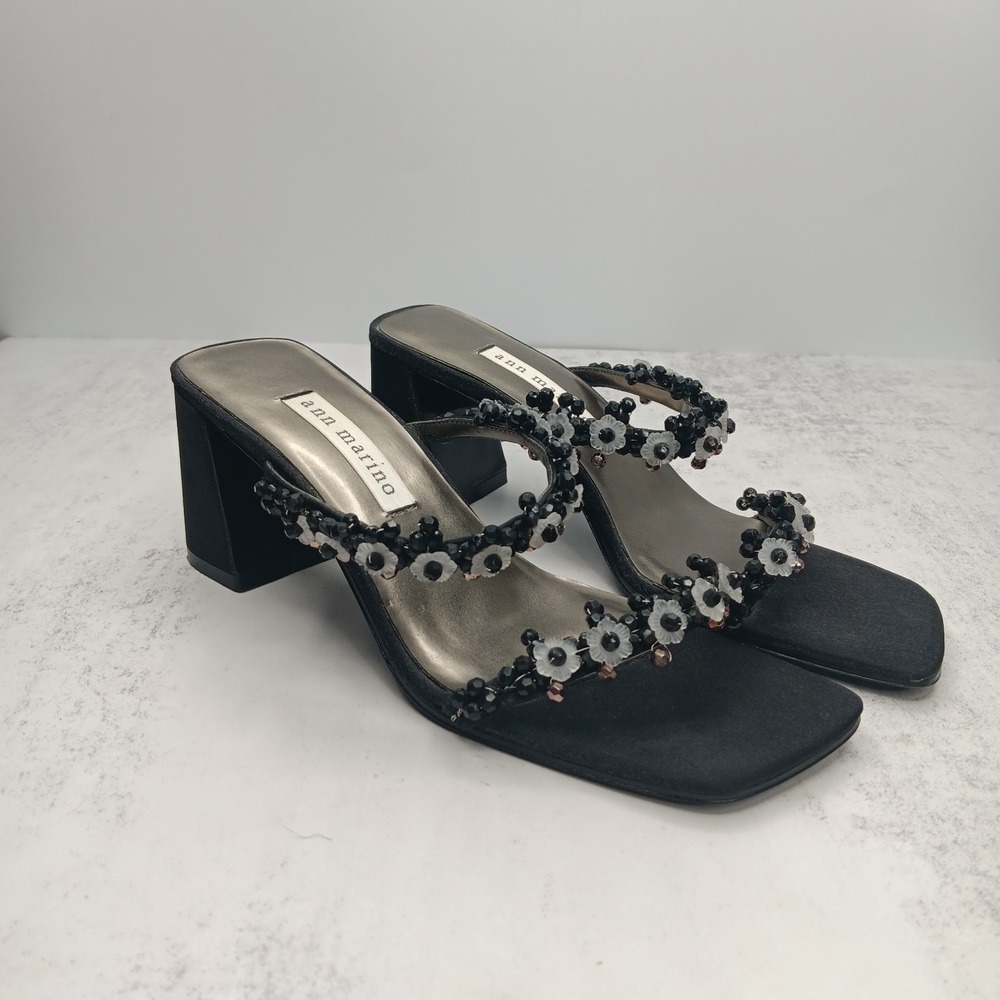 Y2K Ann Marino Heel Sandals 6 Black Beads Embellished Square Toe Block Heel HOCO